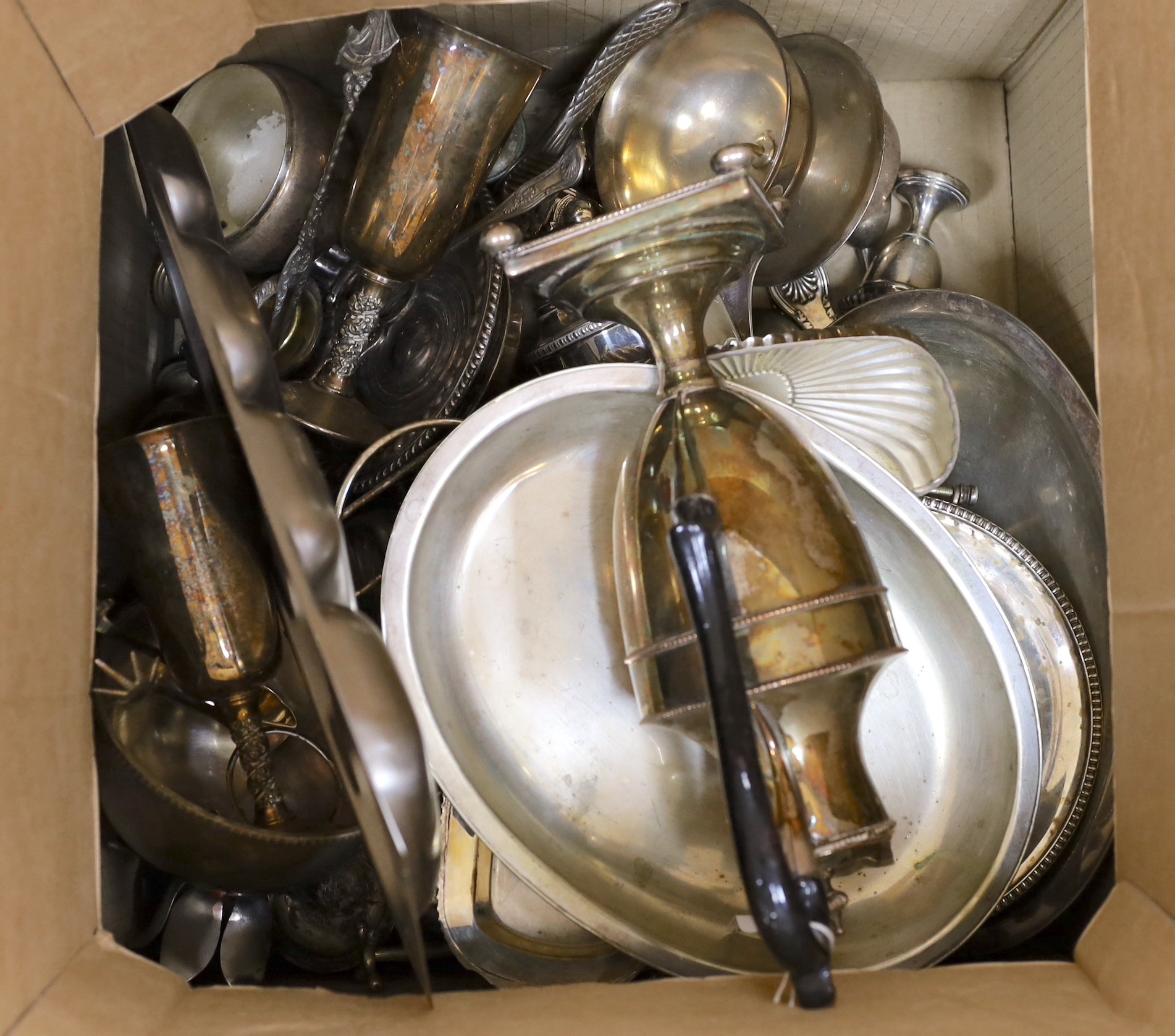 A large quantity of silver plated items including hot water pots, coaster, flatware etc.